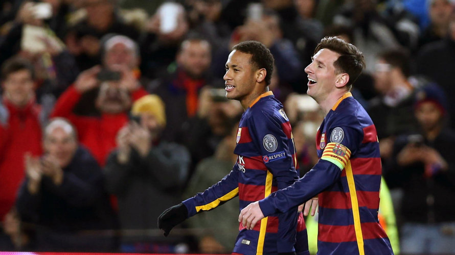 Neymar y Messi disfrutan de la goleada a la Roma. Efe.