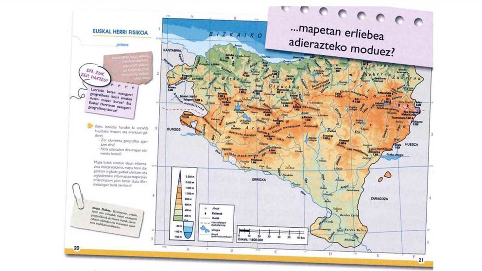 Uno de los mapas del modelo D en euskera que se muestra a los alumnos de Navarra, con la Comunidad foral completamente integrada. ARCHIVO.