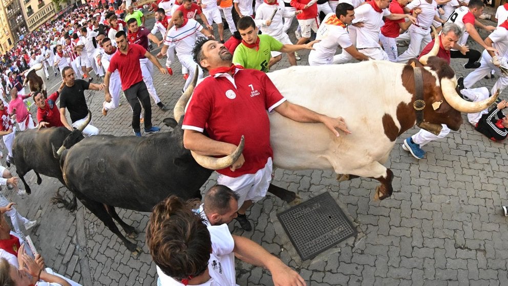 Los legendarios toros de la ganadería de Miura, durante el octavo y último encierro de sanfermines este viernes en Pamplona. EFE/Daniel Fernandez
